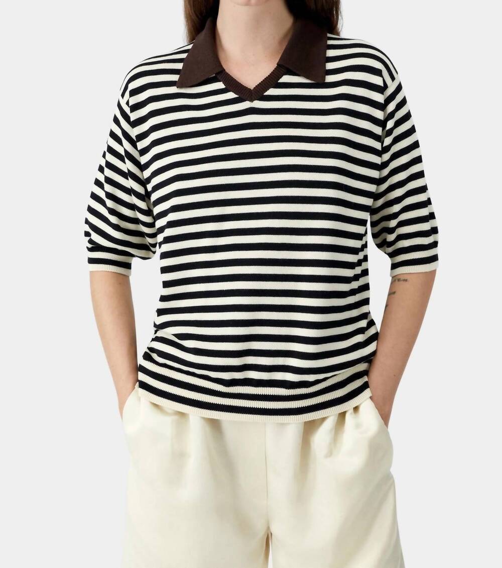 NEW CORDERA organic cotton v-neck polo shirt in ecru black